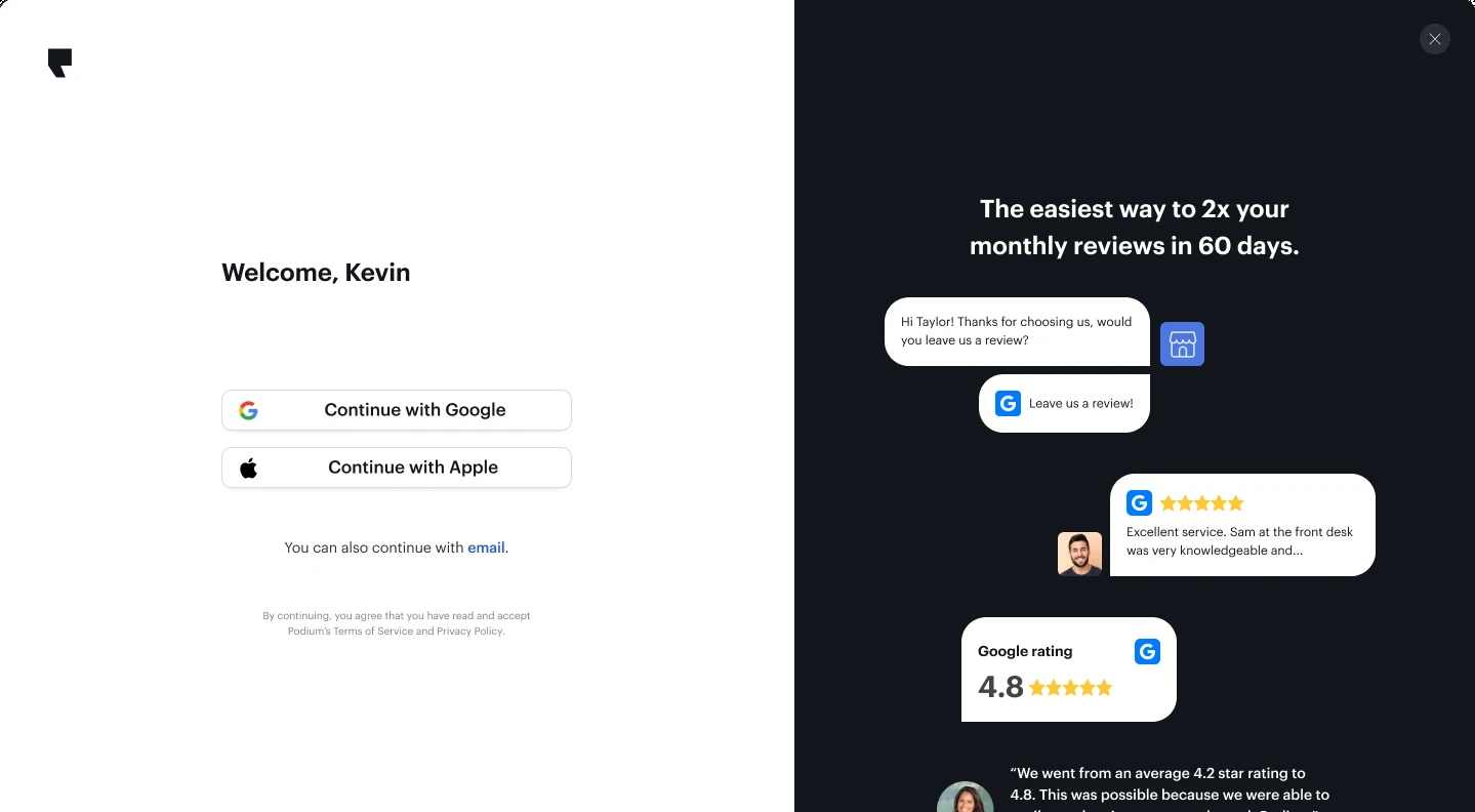 Version 1 sign-up: Welcome, Kevin, with Google and Apple sign-in next to the promise to 2x monthly reviews in 60 days