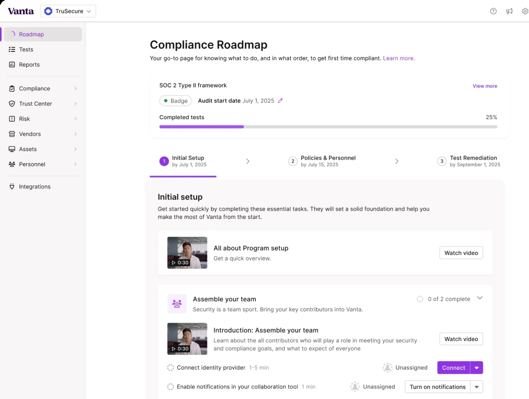 Vanta's Compliance Roadmap with a progress bar, step dates and assigned setup tasks