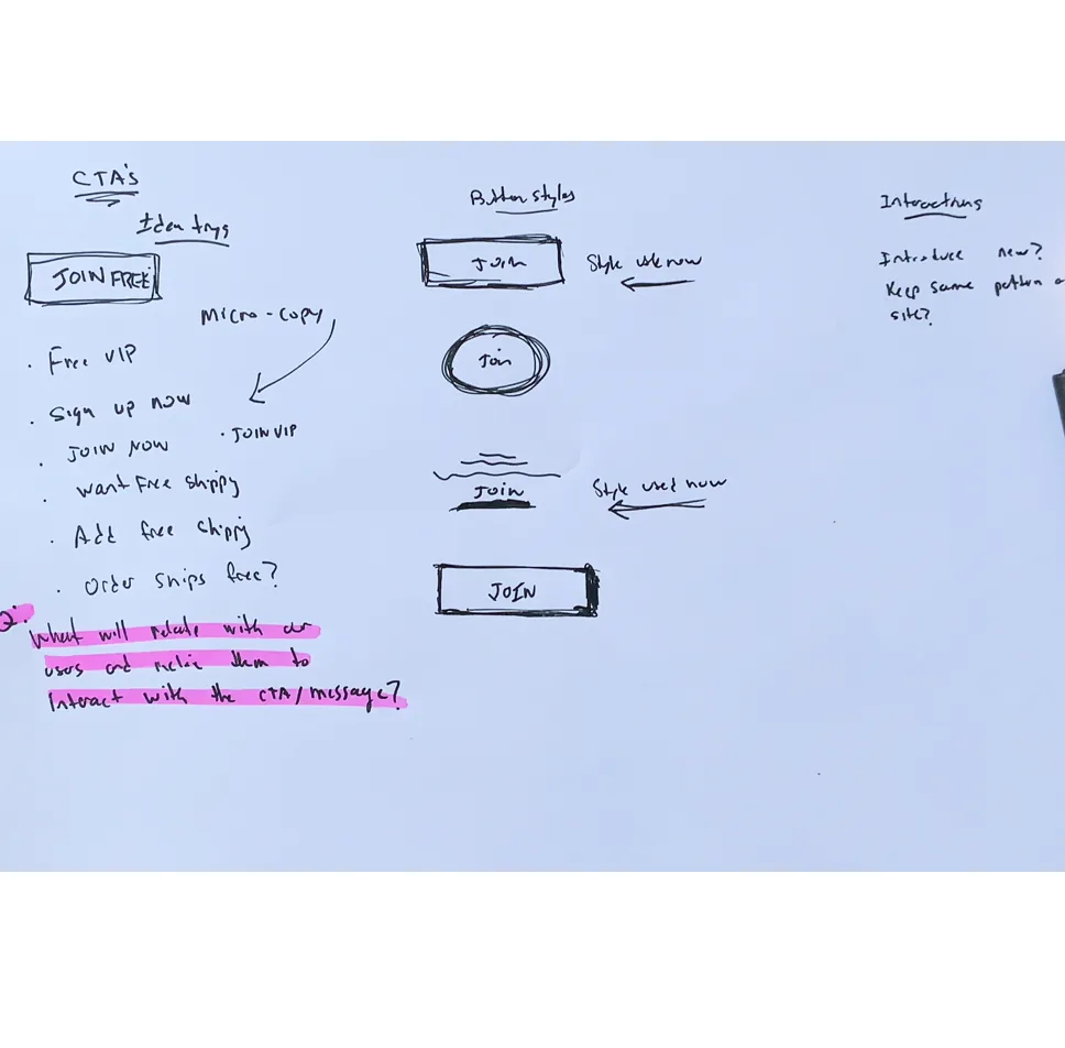 Whiteboard notes and sketches of call-to-action ideas, including Join Free