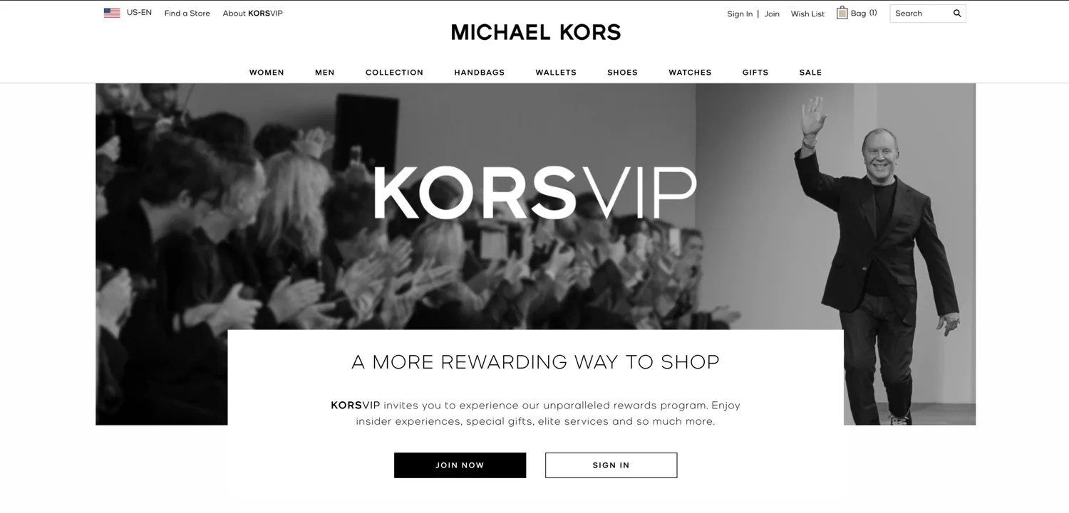 The KORSVIP program landing page: A more rewarding way to shop, with Join Now and Sign In